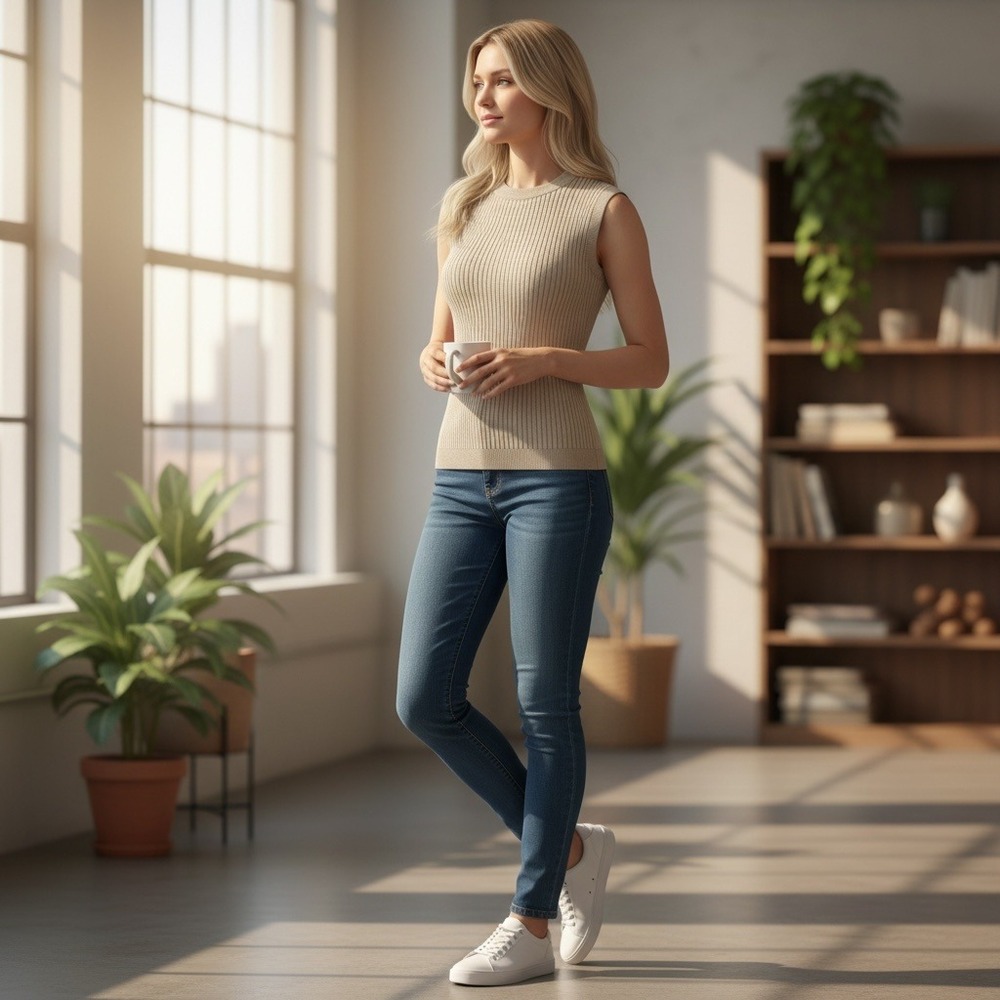 Pink Rose Sweater Vest  XL Beige Ribbed Basics Mock Neck Summer Layering